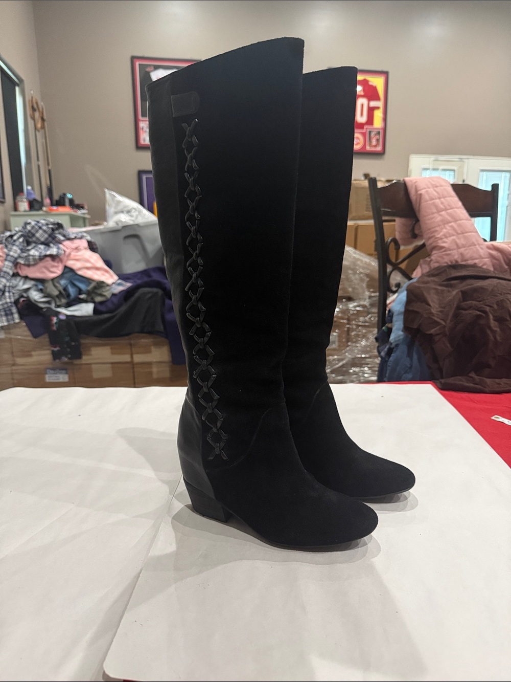 Gianni Bini Black Over-the-Knee Suede Boots with Side Lace-Up Detail